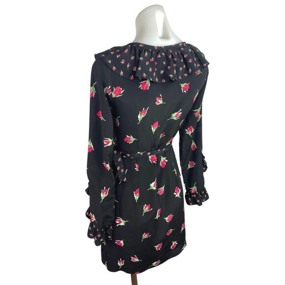 Club Monaco 100% Silk Black Floral Ruffle Long Sleeve V-Neck Mini Wrap Dress 0 - Picture 2 of 5